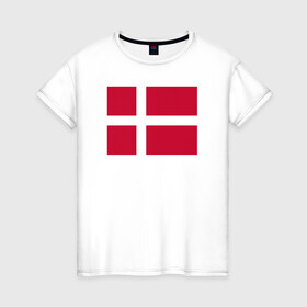 Женская футболка хлопок с принтом Дания | Флаг Дании в Новосибирске, 100% хлопок | прямой крой, круглый вырез горловины, длина до линии бедер, слегка спущенное плечо | белый | герб | дании | дания | красный | линии | флаг