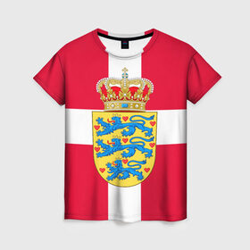 Женская футболка 3D с принтом Дания | Герб и флаг Дании в Новосибирске, 100% полиэфир ( синтетическое хлопкоподобное полотно) | прямой крой, круглый вырез горловины, длина до линии бедер | герб | дании | дания | корона | лев | львы | сердца | сердце | флаг | щит