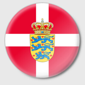 Значок с принтом Дания | Герб и флаг Дании в Новосибирске,  металл | круглая форма, металлическая застежка в виде булавки | герб | дании | дания | корона | лев | львы | сердца | сердце | флаг | щит