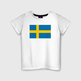 Детская футболка хлопок с принтом Швеция | Флаг Швеции в Новосибирске, 100% хлопок | круглый вырез горловины, полуприлегающий силуэт, длина до линии бедер | герб | желтый | знак | линии | прямоугольник | символика | синий | флаг | швеции | швеция