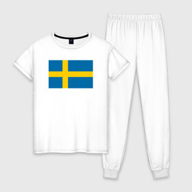 Женская пижама хлопок с принтом Швеция | Флаг Швеции в Новосибирске, 100% хлопок | брюки и футболка прямого кроя, без карманов, на брюках мягкая резинка на поясе и по низу штанин | герб | желтый | знак | линии | прямоугольник | символика | синий | флаг | швеции | швеция