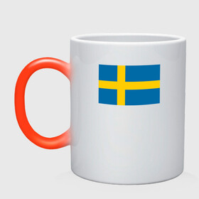Кружка хамелеон с принтом Швеция | Флаг Швеции в Новосибирске, керамика | меняет цвет при нагревании, емкость 330 мл | герб | желтый | знак | линии | прямоугольник | символика | синий | флаг | швеции | швеция