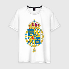 Мужская футболка хлопок с принтом Швеция | Герб Швеции в Новосибирске, 100% хлопок | прямой крой, круглый вырез горловины, длина до линии бедер, слегка спущенное плечо. | герб | желтый | знак | линии | прямоугольник | символика | синий | флаг | швеции | швеция