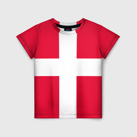 Детская футболка 3D с принтом Дания | Флаг Дании в Новосибирске, 100% гипоаллергенный полиэфир | прямой крой, круглый вырез горловины, длина до линии бедер, чуть спущенное плечо, ткань немного тянется | белый | герб | государство | дании | дания | знак | красный | крест | линии | символика | страна | флаг
