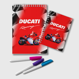 Блокнот с принтом DUCATI / ДУКАТИ / RACING в Новосибирске, 100% бумага | 48 листов, плотность листов — 60 г/м2, плотность картонной обложки — 250 г/м2. Листы скреплены удобной пружинной спиралью. Цвет линий — светло-серый
 | Тематика изображения на принте: ducati | motorcycle | motosport | racing | speed | sport | байк. | гонки | двигатель | дукати | мото | мотокросс | мотоспорт | мототриал | мотоцикл | скорость | спорт