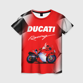 Женская футболка 3D с принтом DUCATI / ДУКАТИ / RACING в Новосибирске, 100% полиэфир ( синтетическое хлопкоподобное полотно) | прямой крой, круглый вырез горловины, длина до линии бедер | ducati | motorcycle | motosport | racing | speed | sport | байк. | гонки | двигатель | дукати | мото | мотокросс | мотоспорт | мототриал | мотоцикл | скорость | спорт