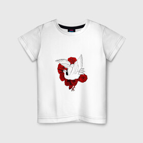 Детская футболка хлопок с принтом Аист на фоне красных роз в Новосибирске, 100% хлопок | круглый вырез горловины, полуприлегающий силуэт, длина до линии бедер | Тематика изображения на принте: аист | белый | красные | крылья | птица | птицы | розы | цветы