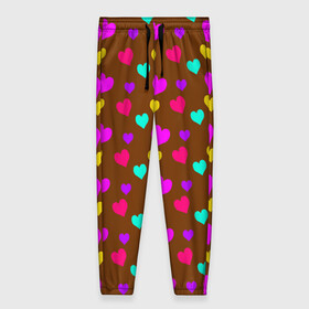 Женские брюки 3D с принтом сердечки разноцветные  в Новосибирске, полиэстер 100% | прямой крой, два кармана без застежек по бокам, с мягкой трикотажной резинкой на поясе и по низу штанин. В поясе для дополнительного комфорта — широкие завязки | hearts | love | бирюзовый | влюбленый | желтый | коричневый | любовь | разноцветные | розовый | сердечко | сердце | шоколад