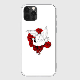 Чехол для iPhone 12 Pro с принтом Аист на фоне красных роз в Новосибирске, силикон | область печати: задняя сторона чехла, без боковых панелей | аист | птица | птицы | розы | цветы