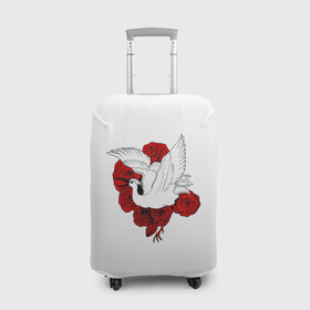 Чехол для чемодана 3D с принтом Аист на фоне красных роз в Новосибирске, 86% полиэфир, 14% спандекс | двустороннее нанесение принта, прорези для ручек и колес | аист | птица | птицы | розы | цветы