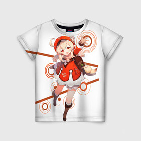 Детская футболка 3D с принтом Кли из Genshin impact в Новосибирске, 100% гипоаллергенный полиэфир | прямой крой, круглый вырез горловины, длина до линии бедер, чуть спущенное плечо, ткань немного тянется | genshin impact | аниме | девочка | кли | кли из genshin impact. | красочная | прекрасный подарок