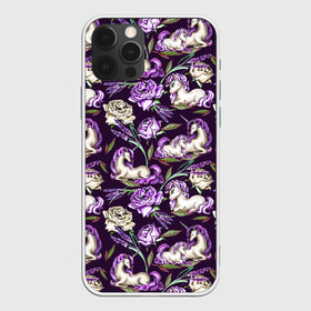 Чехол для iPhone 12 Pro с принтом Единороги и цветы - темный в Новосибирске, силикон | область печати: задняя сторона чехла, без боковых панелей | единорог | единороги | единорожек | лаванда | малыш | мама | роза | розы | сказка | сказочный | фентези | цветок | цветочный | цветы