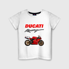 Детская футболка хлопок с принтом DUCATI / ДУКАТИ / MOTOSPORT в Новосибирске, 100% хлопок | круглый вырез горловины, полуприлегающий силуэт, длина до линии бедер | Тематика изображения на принте: ducati | motorcycle | motosport | racing | speed | sport | байк. | гонки | двигатель | дукати | мото | мотокросс | мотоспорт | мототриал | мотоцикл | скорость | спорт