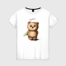 Женская футболка хлопок с принтом Медведь в Новосибирске, 100% хлопок | прямой крой, круглый вырез горловины, длина до линии бедер, слегка спущенное плечо | зверь | игрушка цветок | медведик | медведь | медвежонок | милый | мишка | привет | ромашка