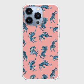 Чехол для iPhone 13 Pro с принтом Много синих тигров. Символ года в Новосибирске,  |  | животные | звери | кошачьи | кошки | паттерн | тигр | хвосты | хищник