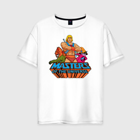 Женская футболка хлопок Oversize с принтом Masters of the Universe в Новосибирске, 100% хлопок | свободный крой, круглый ворот, спущенный рукав, длина до линии бедер
 | Тематика изображения на принте: battle cat | he man | masters of the universe | masters of the universe revelation | orko | prince adam | боевой кот | властелины вселенной | властелины вселенной откровение | кринджер | орко | подлиза | принц адам | хи мен | хи мэн