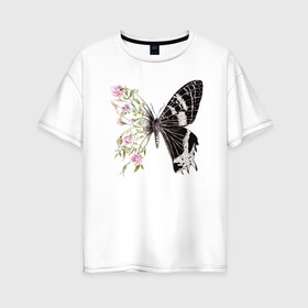Женская футболка хлопок Oversize с принтом Бабочка и цветы в Новосибирске, 100% хлопок | свободный крой, круглый ворот, спущенный рукав, длина до линии бедер
 | акварель | бабочка | бутоны | графика | крылья | лето | насекомое | природа | растение | розы | фауна | цветы | шипы