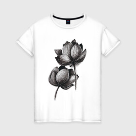 Женская футболка хлопок с принтом Лилии в Новосибирске, 100% хлопок | прямой крой, круглый вырез горловины, длина до линии бедер, слегка спущенное плечо | бутон | графика | лето | лилии | природа | растение | цветы | черный