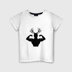Детская футболка хлопок с принтом Дикий Лось в Новосибирске, 100% хлопок | круглый вырез горловины, полуприлегающий силуэт, длина до линии бедер | workout | атлет. | воркаут | лось | мышцы | роги | сила | фитнес