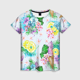 Женская футболка 3D с принтом Тропические цветы и фрукты в Новосибирске, 100% полиэфир ( синтетическое хлопкоподобное полотно) | прямой крой, круглый вырез горловины, длина до линии бедер | ананас | ананасы | букеты | монстера | мороженое | орхидеи | отдых | пляжные | тропики | фрукты | цветочки | цветы | юг | южные