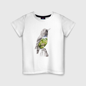Детская футболка хлопок с принтом Птица и сад в Новосибирске, 100% хлопок | круглый вырез горловины, полуприлегающий силуэт, длина до линии бедер | акварель | графика | дорога | калитка | крыло | куст | небо | перья | поля | птица | сад | цветы