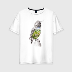 Женская футболка хлопок Oversize с принтом Птица и сад в Новосибирске, 100% хлопок | свободный крой, круглый ворот, спущенный рукав, длина до линии бедер
 | акварель | графика | дорога | калитка | крыло | куст | небо | перья | поля | птица | сад | цветы
