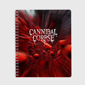 Тетрадь с принтом Blood Cannibal Corpse | Труп Каннибала (Z) в Новосибирске, 100% бумага | 48 листов, плотность листов — 60 г/м2, плотность картонной обложки — 250 г/м2. Листы скреплены сбоку удобной пружинной спиралью. Уголки страниц и обложки скругленные. Цвет линий — светло-серый
 | cannibal | cannibal corpse | corpse | death metal | deathgrind | алекс уэбстер | брутальный дэт метал | дэт метал | дэтграйнд | пол мазуркевич | роб барретт | труп каннибала