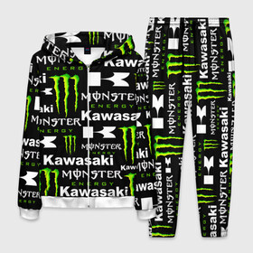 Мужской костюм 3D с принтом KAWASAKI X MONSTER ENERGY в Новосибирске, 100% полиэстер | Манжеты и пояс оформлены тканевой резинкой, двухслойный капюшон со шнурком для регулировки, карманы спереди | Тематика изображения на принте: kawasaki | monster energy | motorcycle | motosport | racing | speed | sport | байк | гонки | двигатель | кавасаки | монстер энерджи. | мото | мотокросс | мотоспорт | мототриал | мотоцикл | скорость | спорт