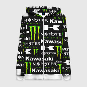 Женская толстовка 3D на молнии с принтом KAWASAKI X MONSTER ENERGY в Новосибирске, 100% полиэстер | длина до линии бедра, манжеты и пояс оформлены мягкой тканевой резинкой, двухслойный капюшон со шнурком для регулировки, спереди молния, по бокам два кармана | Тематика изображения на принте: kawasaki | monster energy | motorcycle | motosport | racing | speed | sport | байк | гонки | двигатель | кавасаки | монстер энерджи. | мото | мотокросс | мотоспорт | мототриал | мотоцикл | скорость | спорт