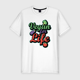 Мужская футболка хлопок Slim с принтом Vegan For Life в Новосибирске, 92% хлопок, 8% лайкра | приталенный силуэт, круглый вырез ворота, длина до линии бедра, короткий рукав | green | greenpeace | nature | sport | vegan | yoga | веган | вегетарианец | гринпис | еда | животные | жизнь | здоровье | зеленый | йога | мир | овощи | пища | планета | природа | растение | спорт | тело | фрукты