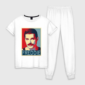 Женская пижама хлопок с принтом Freddie в Новосибирске, 100% хлопок | брюки и футболка прямого кроя, без карманов, на брюках мягкая резинка на поясе и по низу штанин | alternative | metall | music | queen | qween | rock | альтернатива | квин | куин | металл | музыка | рок | фредди меркьюри