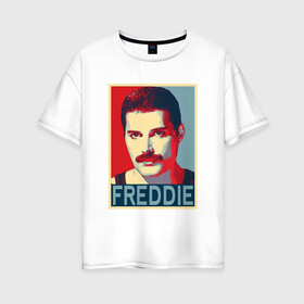 Женская футболка хлопок Oversize с принтом Freddie в Новосибирске, 100% хлопок | свободный крой, круглый ворот, спущенный рукав, длина до линии бедер
 | alternative | metall | music | queen | qween | rock | альтернатива | квин | куин | металл | музыка | рок | фредди меркьюри