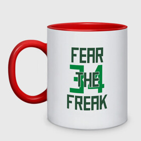 Кружка двухцветная с принтом Fear The Freak 34 в Новосибирске, керамика | объем — 330 мл, диаметр — 80 мм. Цветная ручка и кайма сверху, в некоторых цветах — вся внутренняя часть | Тематика изображения на принте: antetokounmpo | basketball | bucks | giannis | milwaukee | mvp | nba | sport | streetball | адетокумбо | бакс | баскетбол | игра | милуоки | мяч | нба | олень | спорт | стритбол | тренер | чемпион | янис