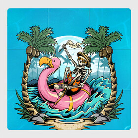 Магнитный плакат 3Х3 с принтом Summer time в Новосибирске, Полимерный материал с магнитным слоем | 9 деталей размером 9*9 см | Тематика изображения на принте: арт | время года | графика | лето | море | пальмы | пляж | скелет | фламинго