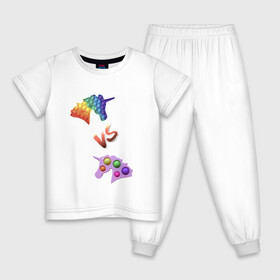 Детская пижама хлопок с принтом Pop-it vs Simple-dimple в Новосибирске, 100% хлопок |  брюки и футболка прямого кроя, без карманов, на брюках мягкая резинка на поясе и по низу штанин
 | Тематика изображения на принте: unicorns | единороги | поп ит | пупырка | симпл димпл
