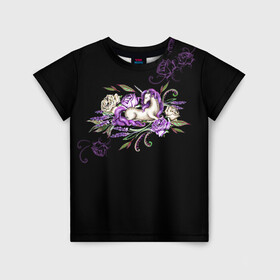 Детская футболка 3D с принтом Единорог среди роз в Новосибирске, 100% гипоаллергенный полиэфир | прямой крой, круглый вырез горловины, длина до линии бедер, чуть спущенное плечо, ткань немного тянется | rose | roses | unicorn | единорог | единороги | роза | розы | сказка | сказочный | сон | спящий | темный | фентези | фентэзи | цветочный | цветы | черный фон