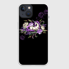 Чехол для iPhone 13 с принтом Единорог среди роз в Новосибирске,  |  | rose | roses | unicorn | единорог | единороги | роза | розы | сказка | сказочный | сон | спящий | темный | фентези | фентэзи | цветочный | цветы | черный фон