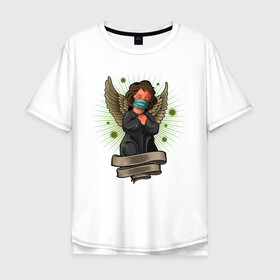 Мужская футболка хлопок Oversize с принтом Мой ангелок в Новосибирске, 100% хлопок | свободный крой, круглый ворот, “спинка” длиннее передней части | ангел | иллюстрация | маска | спаси сохрани | спаситель