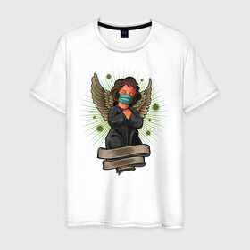 Мужская футболка хлопок с принтом Мой ангелок в Новосибирске, 100% хлопок | прямой крой, круглый вырез горловины, длина до линии бедер, слегка спущенное плечо. | ангел | иллюстрация | маска | спаси сохрани | спаситель