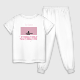 Детская пижама хлопок с принтом EUPHORIA | BTS | PINK Edition  в Новосибирске, 100% хлопок |  брюки и футболка прямого кроя, без карманов, на брюках мягкая резинка на поясе и по низу штанин
 | Тематика изображения на принте: bighit | bts | butter | k pop | love yourself | music | битиэс | бойсбенд | бтс | кейпоп | корея | чимин | эйфория