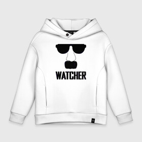 Детское худи Oversize хлопок с принтом Шпион (Watcher) в Новосибирске, френч-терри — 70% хлопок, 30% полиэстер. Мягкий теплый начес внутри —100% хлопок | боковые карманы, эластичные манжеты и нижняя кромка, капюшон на магнитной кнопке | Тематика изображения на принте: прикольная надпись | усы | черно белое | шпион очки