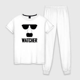 Женская пижама хлопок с принтом Шпион (Watcher) в Новосибирске, 100% хлопок | брюки и футболка прямого кроя, без карманов, на брюках мягкая резинка на поясе и по низу штанин | Тематика изображения на принте: прикольная надпись | усы | черно белое | шпион очки