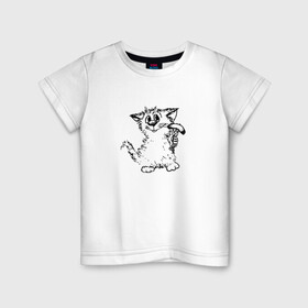 Детская футболка хлопок с принтом Котенок с вилкой и сосиской в Новосибирске, 100% хлопок | круглый вырез горловины, полуприлегающий силуэт, длина до линии бедер | Тематика изображения на принте: графика | киска | кот | котенок | котик | кошка | смешной кот | улыбающийся кот | черно белое