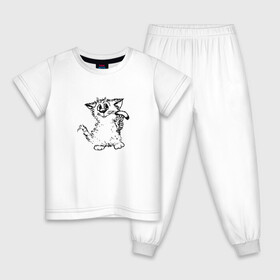 Детская пижама хлопок с принтом Котенок с вилкой и сосиской в Новосибирске, 100% хлопок |  брюки и футболка прямого кроя, без карманов, на брюках мягкая резинка на поясе и по низу штанин
 | Тематика изображения на принте: графика | киска | кот | котенок | котик | кошка | смешной кот | улыбающийся кот | черно белое