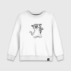 Детский свитшот хлопок с принтом Котенок с вилкой и сосиской в Новосибирске, 100% хлопок | круглый вырез горловины, эластичные манжеты, пояс и воротник | Тематика изображения на принте: графика | киска | кот | котенок | котик | кошка | смешной кот | улыбающийся кот | черно белое