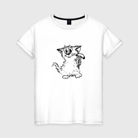 Женская футболка хлопок с принтом Котенок с вилкой и сосиской в Новосибирске, 100% хлопок | прямой крой, круглый вырез горловины, длина до линии бедер, слегка спущенное плечо | Тематика изображения на принте: графика | киска | кот | котенок | котик | кошка | смешной кот | улыбающийся кот | черно белое