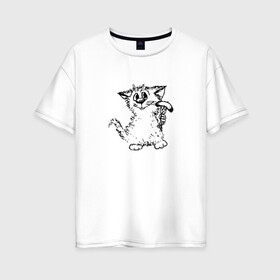 Женская футболка хлопок Oversize с принтом Котенок с вилкой и сосиской в Новосибирске, 100% хлопок | свободный крой, круглый ворот, спущенный рукав, длина до линии бедер
 | графика | киска | кот | котенок | котик | кошка | смешной кот | улыбающийся кот | черно белое