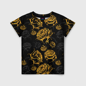 Детская футболка 3D с принтом Розы. Золото с черным в Новосибирске, 100% гипоаллергенный полиэфир | прямой крой, круглый вырез горловины, длина до линии бедер, чуть спущенное плечо, ткань немного тянется | вечерний | графика | графический | золотистый | золото | золотой | крупные | праздничный | розочки | розы | темный | цветочки | цветочный | цветы | черный