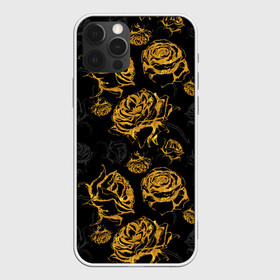 Чехол для iPhone 12 Pro с принтом Розы. Золото с черным в Новосибирске, силикон | область печати: задняя сторона чехла, без боковых панелей | вечерний | графика | графический | золотистый | золото | золотой | крупные | праздничный | розочки | розы | темный | цветочки | цветочный | цветы | черный