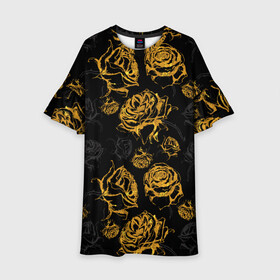 Детское платье 3D с принтом Розы. Золото с черным в Новосибирске, 100% полиэстер | прямой силуэт, чуть расширенный к низу. Круглая горловина, на рукавах — воланы | вечерний | графика | графический | золотистый | золото | золотой | крупные | праздничный | розочки | розы | темный | цветочки | цветочный | цветы | черный